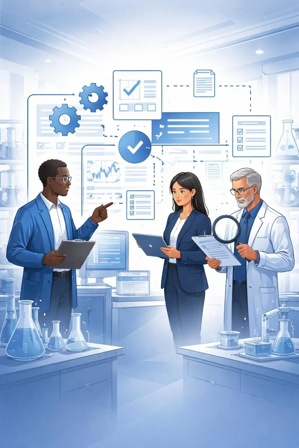 Digital illustration of consultants performing an ISO 17025 gap analysis in a laboratory with checklists, gears, and structured process controls.