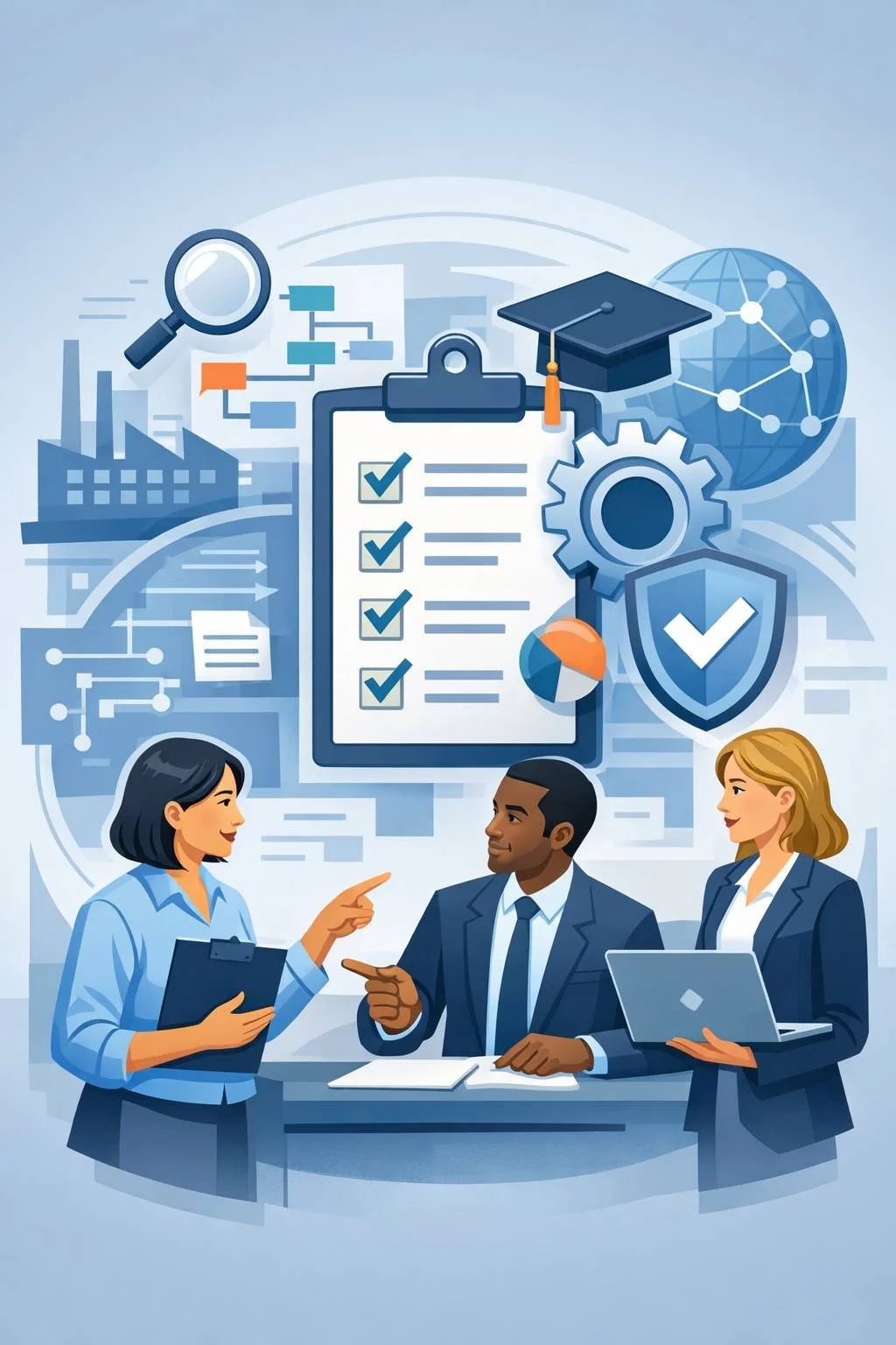 Digital illustration of diverse professionals reviewing a checklist and system diagrams representing ISO training courses and structured management system learning.