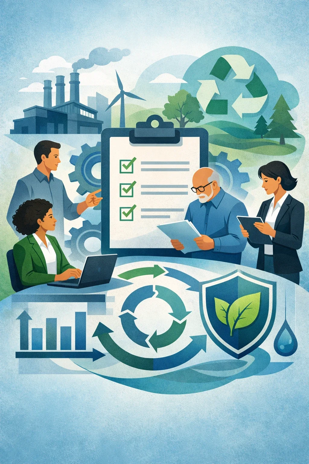 Digital illustration of professionals reviewing an environmental management system with clipboard, gears, factory, and sustainability symbols representing ISO 14001 EMS maintenance.