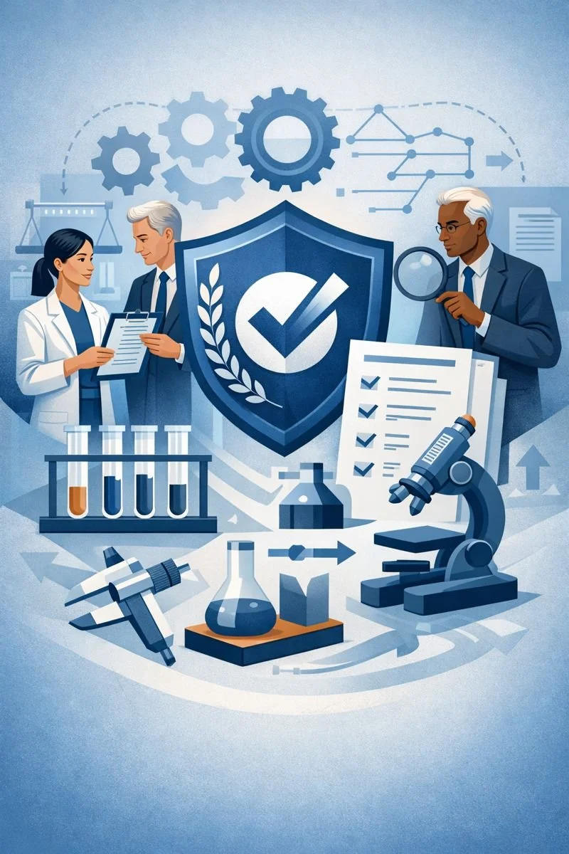 Digital illustration of laboratory professionals reviewing testing processes with laboratory equipment and a shield symbolizing ISO 17025 accreditation bodies and laboratory assessment systems.