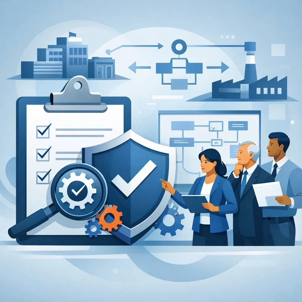 Digital illustration of a clipboard checklist, shield with checkmark, gears, and professionals reviewing processes representing an ISO 9001 pre-certification audit and quality management system readiness.