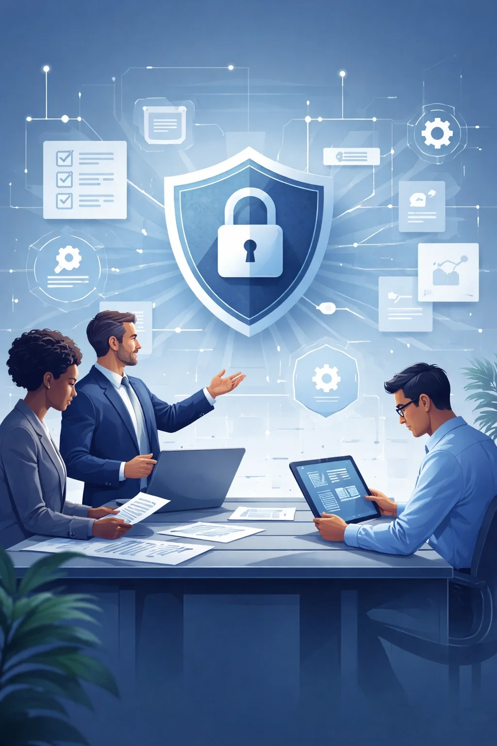 Digital illustration of cybersecurity professionals collaborating beneath a shield and lock symbol representing structured virtual CISO services and enterprise information security governance.
