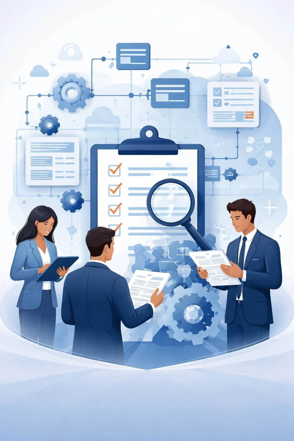Digital illustration of auditors reviewing a clipboard checklist with magnifying glass, gears, and process flow symbols representing an ISO 9001 internal audit program.