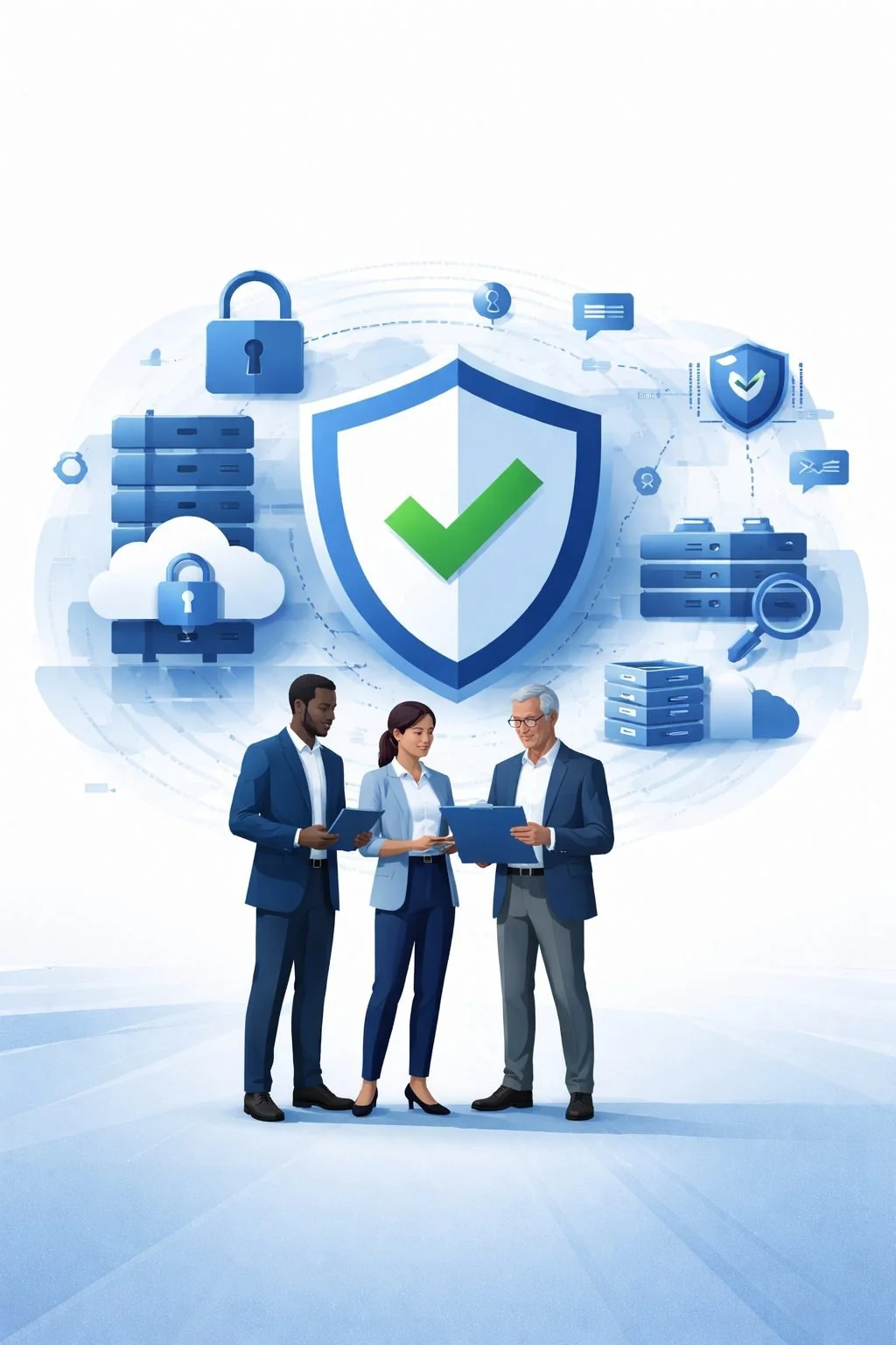 Digital illustration of a cybersecurity shield, layered network controls, and diverse professionals reviewing systems representing CMMC Level 1 certification compliance.