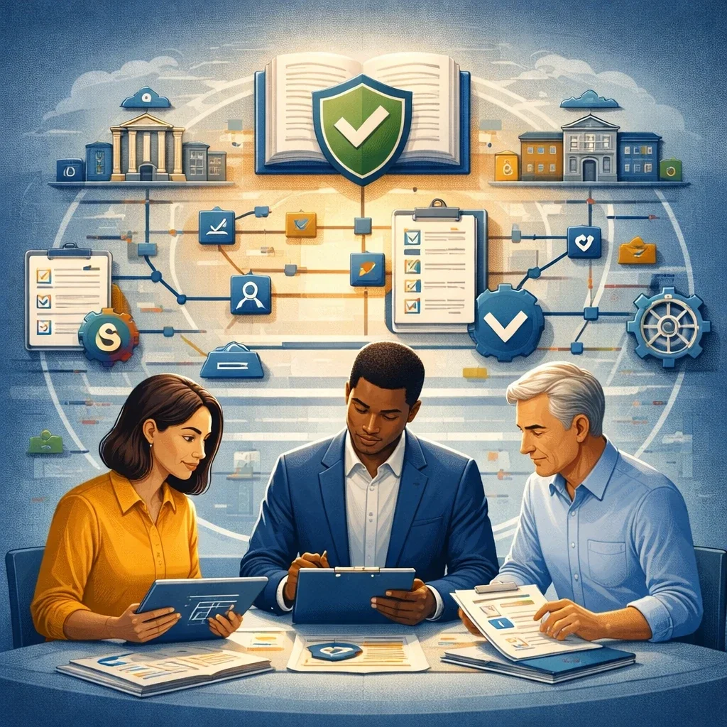 Digital illustration of structured learning system with governance icons and diverse professionals representing ISO 21001 educational management system.