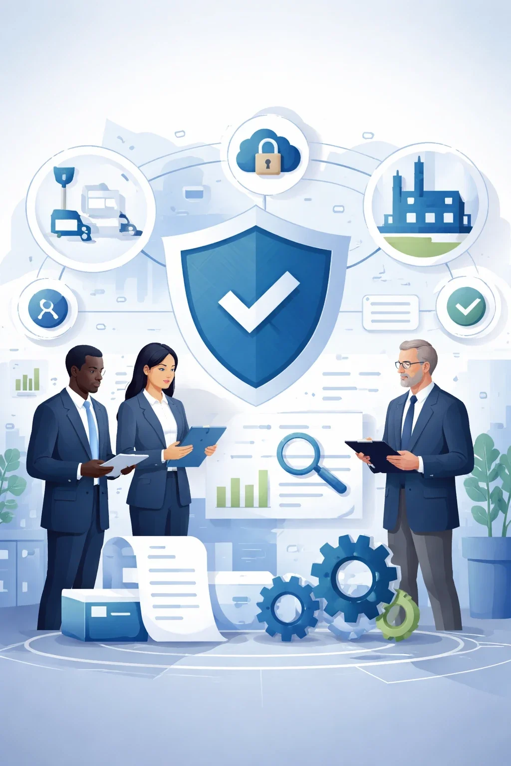 Digital illustration of vendor risk management showing professionals reviewing third-party risk with shield, network, and control symbols in a structured system environment.