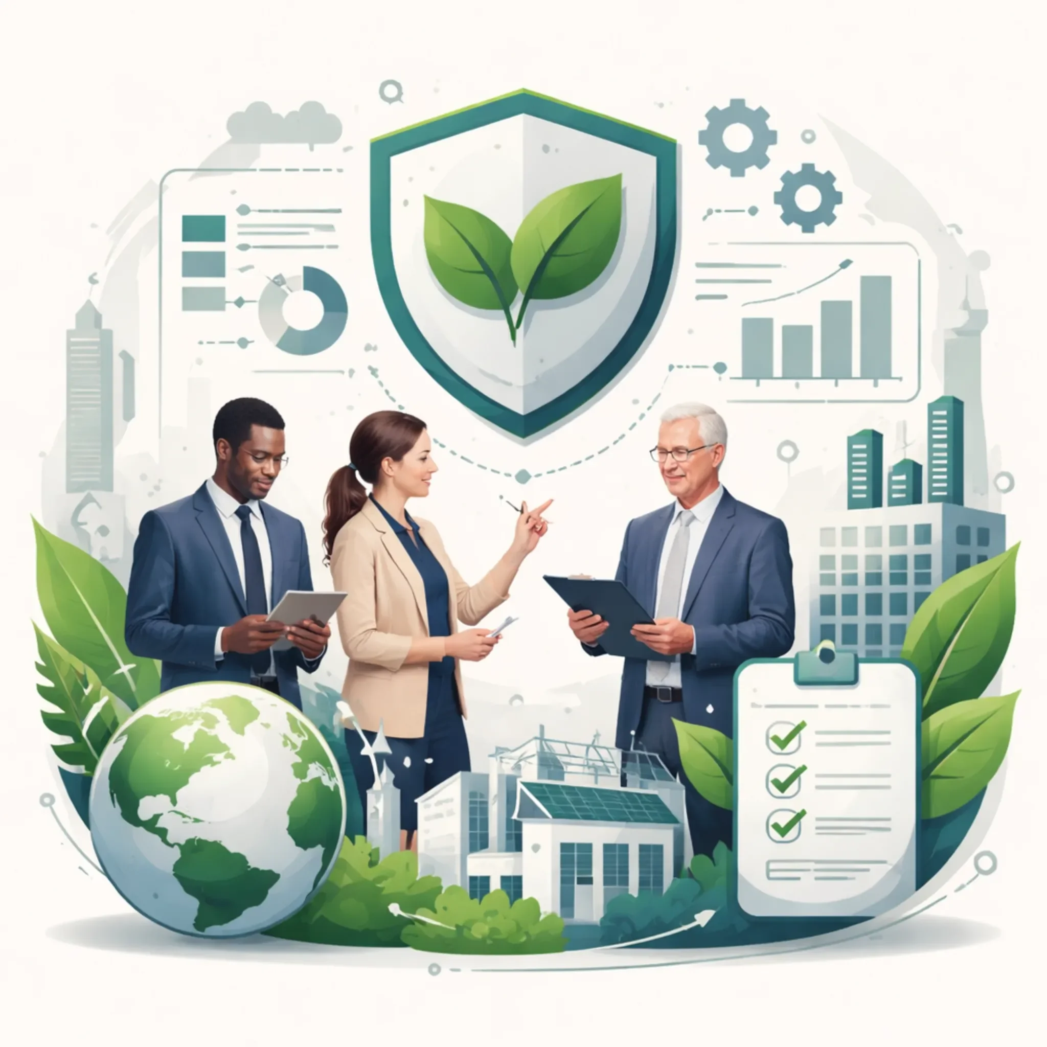 Digital illustration of ESG sustainability consulting with professionals, environmental systems, governance shield, globe, and structured compliance elements.