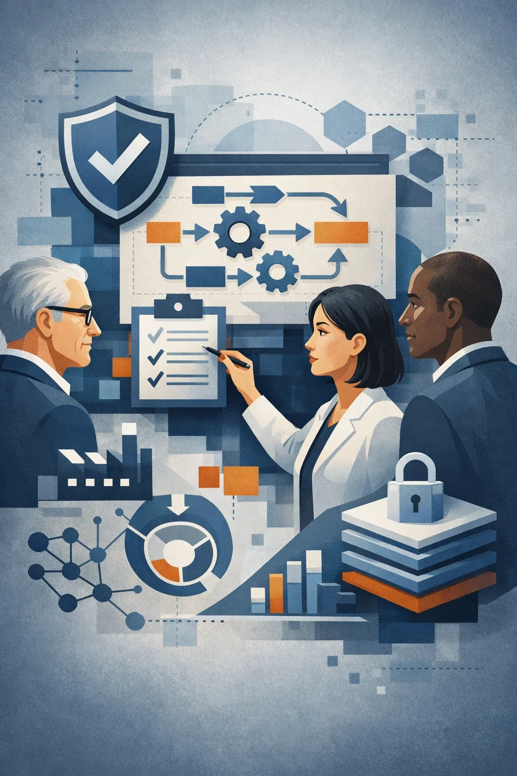 Digital illustration of IT audit services showing professionals reviewing structured workflows with security shield, checklist, and system control elements.