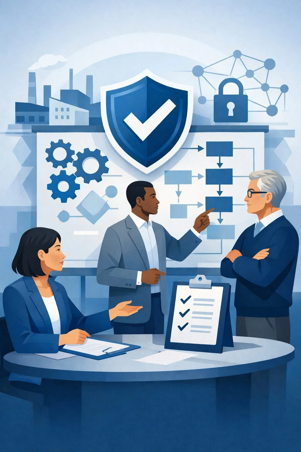 Digital illustration of consultants reviewing a structured process diagram with shield, gears, and checklist representing ISO 9001 implementation consulting.