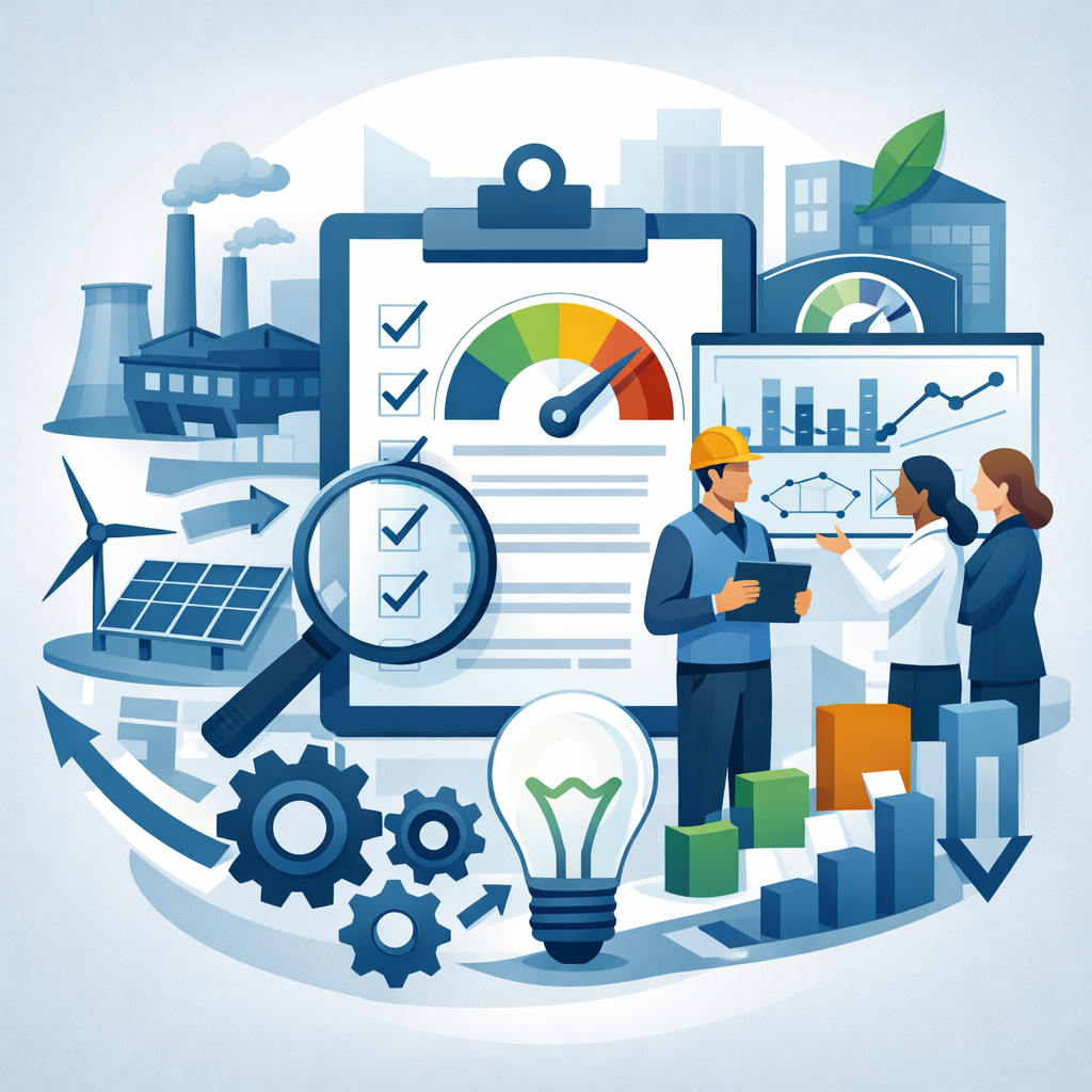 Digital illustration of an energy audit process showing factory systems, checklist review, efficiency gauge, and consultants analyzing facility energy performance for ISO energy audit services.