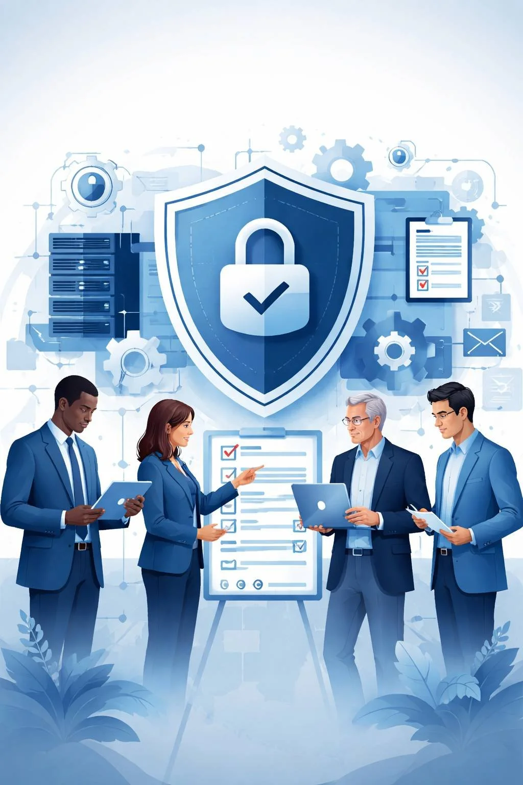 Digital illustration of professionals reviewing a structured checklist and security shield symbolizing ISO 27001 certification training providers and ISMS education.