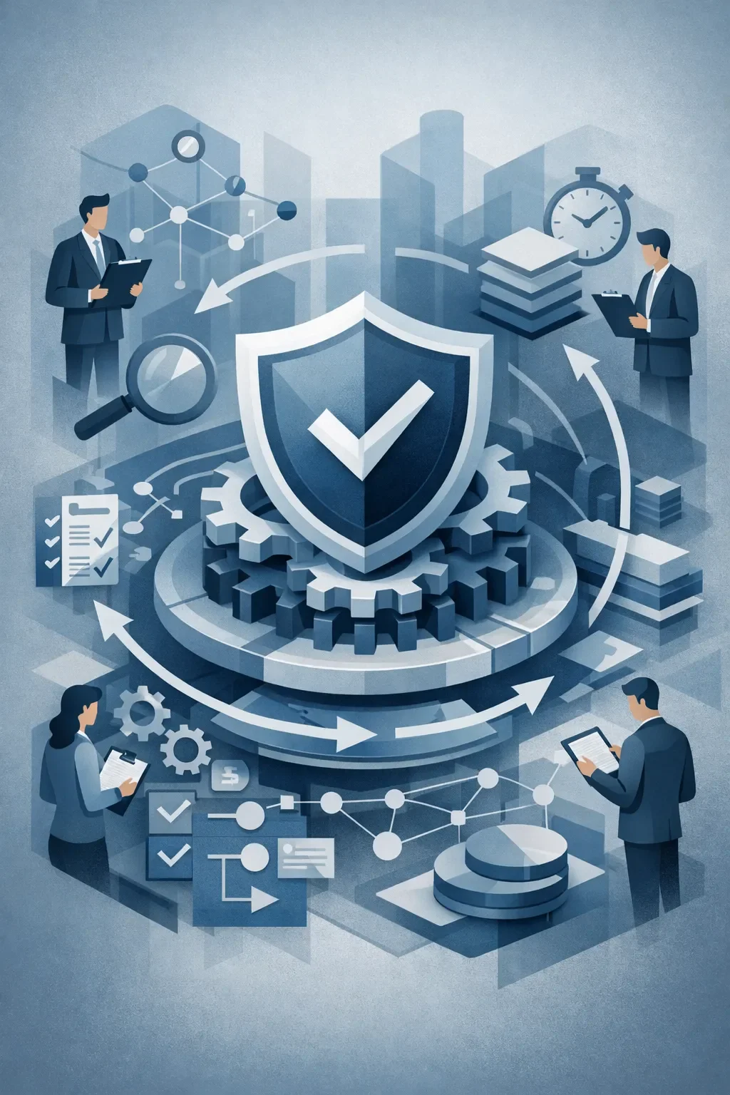 Abstract digital illustration of ISO 9001 certification system with central validation shield, interconnected processes, and audit structures