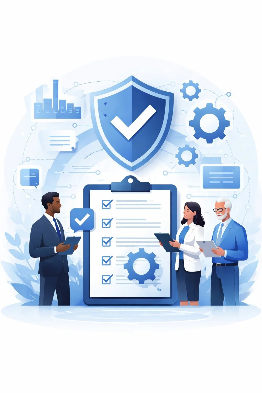 Digital illustration of a structured shield, checklist clipboard, gears, and professionals representing a Quality Management System 9001 and ISO 9001 quality governance framework.