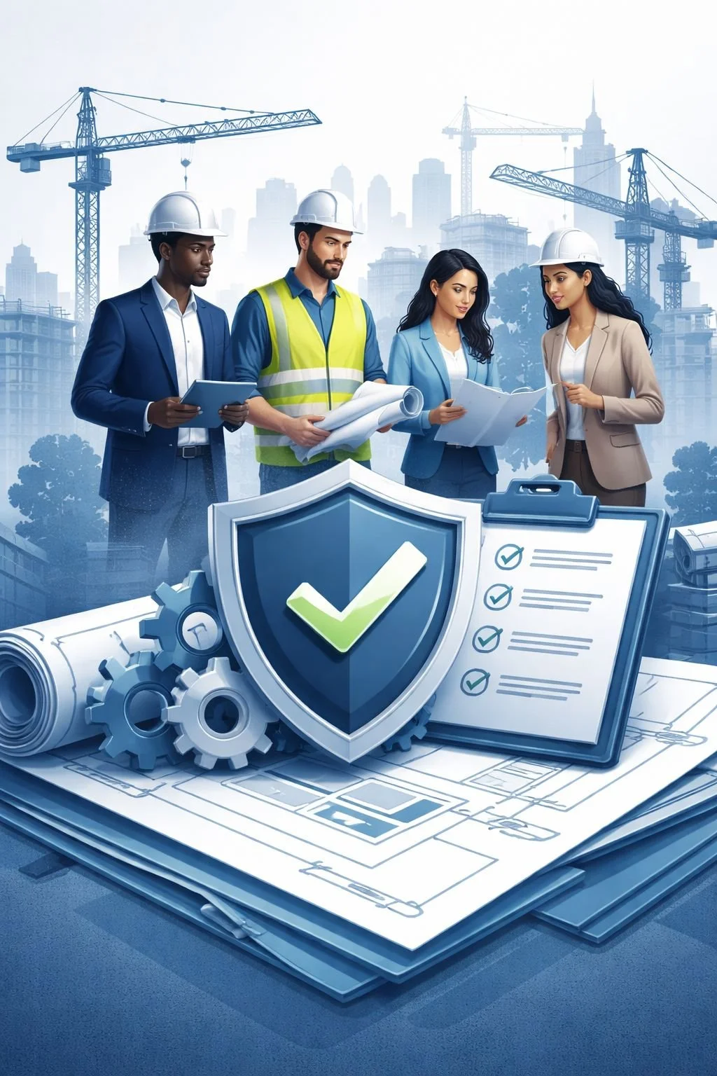 Digital illustration of construction professionals reviewing project plans with shield, gears, and checklist representing ISO 9001 quality systems for construction companies.