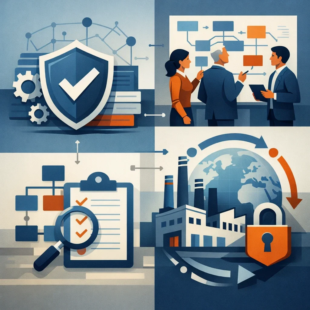 Digital illustration of a structured shield, audit checklist, consulting team, and medical manufacturing system representing ISO 13485 medical device quality management.