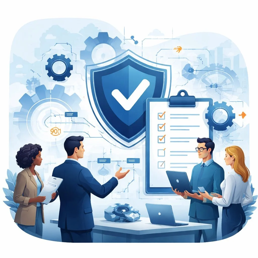 Digital illustration of a shield with checkmark, gears, and structured process flows representing ISO 9001 certification companies and quality management system validation.