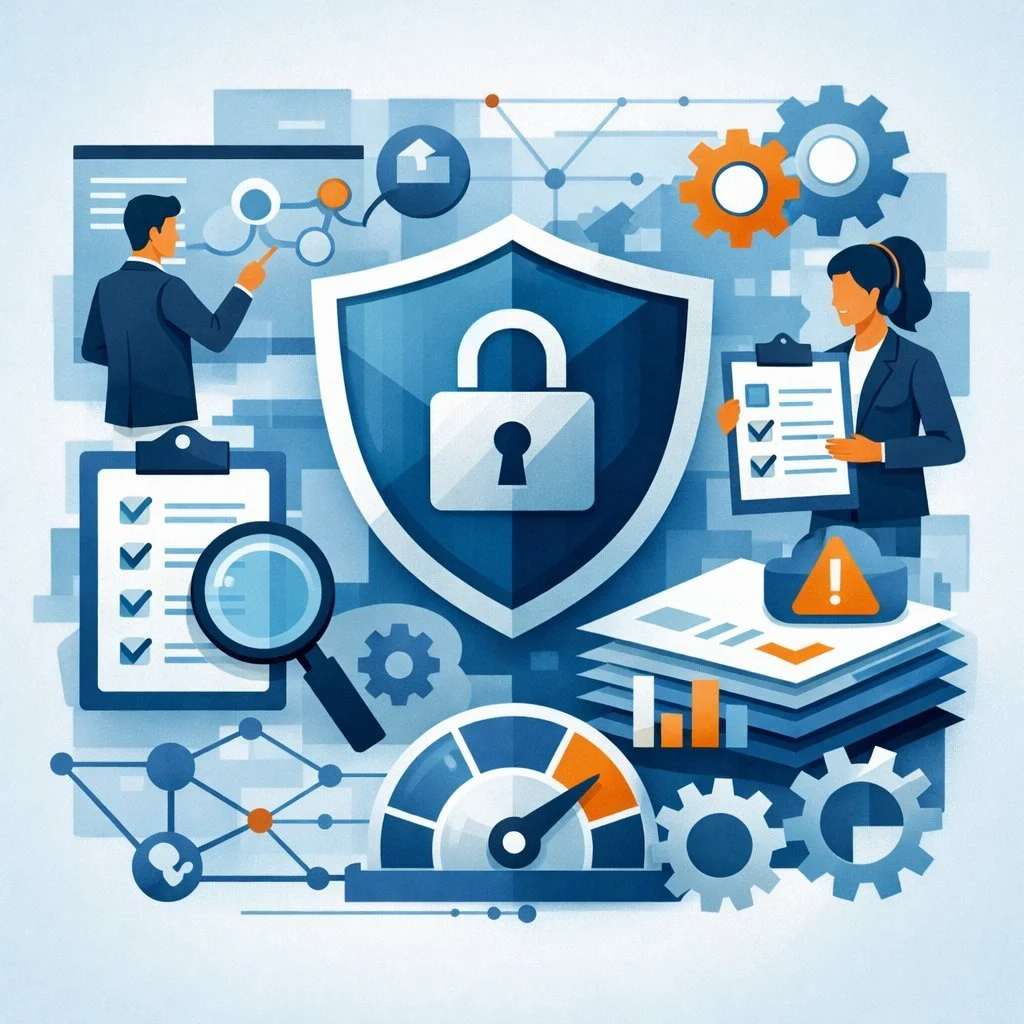 Digital illustration of security analysts reviewing structured risk indicators around a shield and lock, representing ISO 27001 risk assessment tools and information security risk analysis.