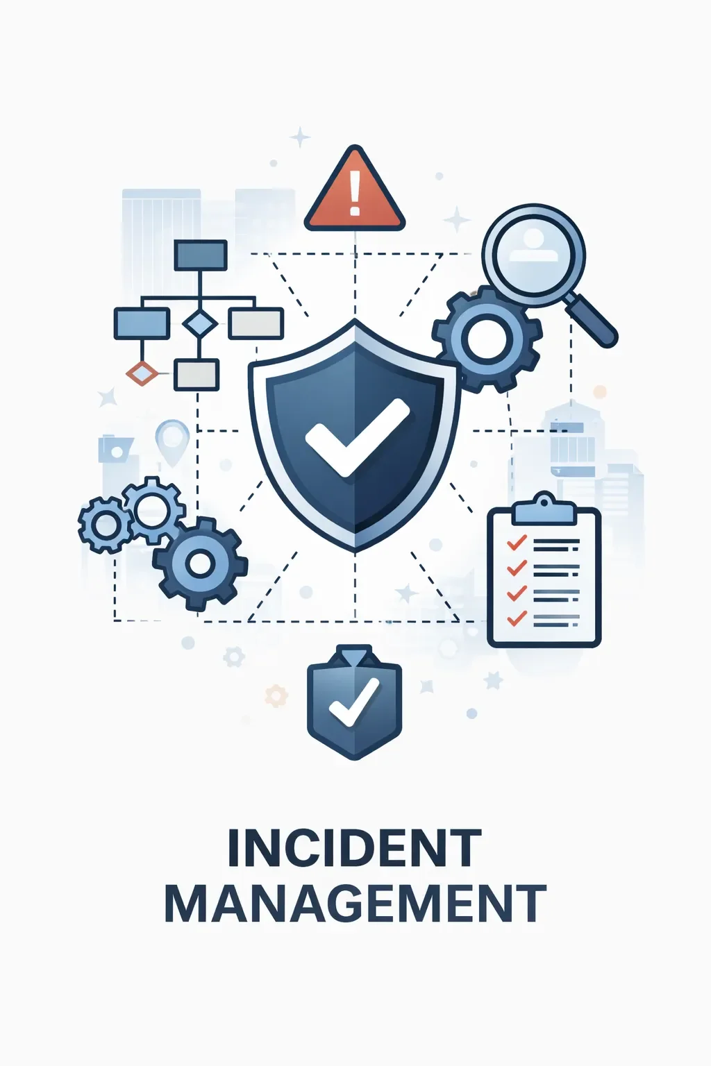 Digital illustration of a central shield with connected process elements and control layers representing incident management systems and structured operational response.