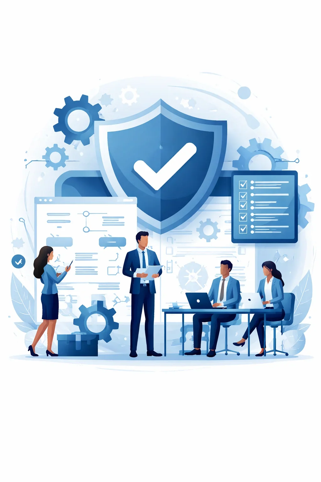 Digital illustration of professional consultants reviewing structured process diagrams with shield and checkmark symbols representing ISO consulting services and compliance systems in the USA.
