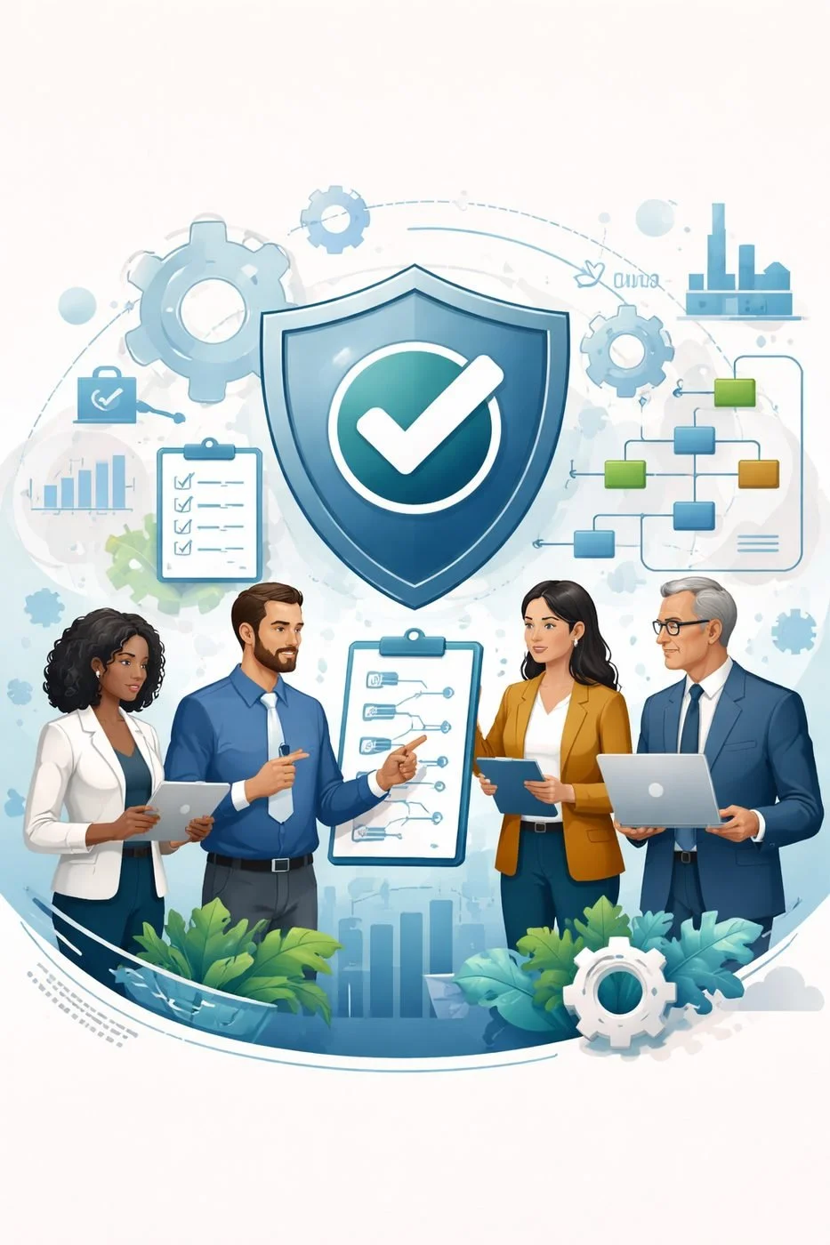Digital illustration representing CMMI certification with diverse professional team reviewing structured processes beneath a shield symbolizing process maturity, governance, and organizational capability improvement.