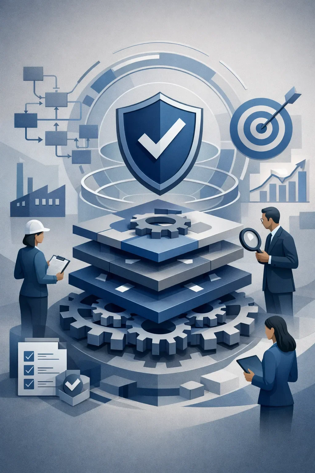 Layered quality management system with gears, shield validation symbol, and audit figures illustrating ISO 9001 certification structure and control.