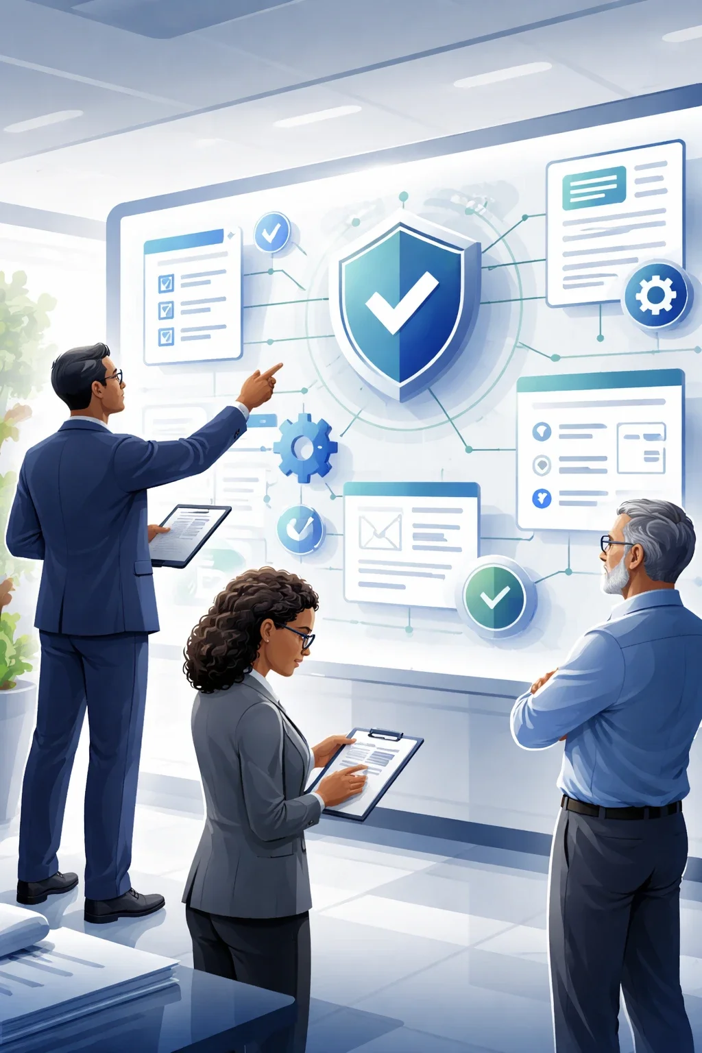 Digital illustration of consultants reviewing governance, risk, and compliance framework controls with shield, checklist, and structured process symbols.
