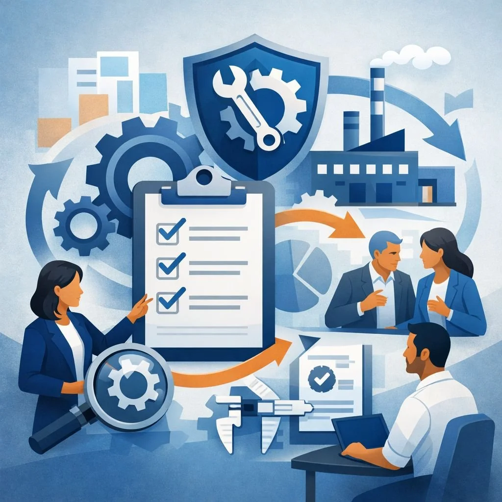 Digital illustration of consultants reviewing a structured checklist with gears, shield, and process arrows representing ISO 9001 maintenance requirements and quality system governance.