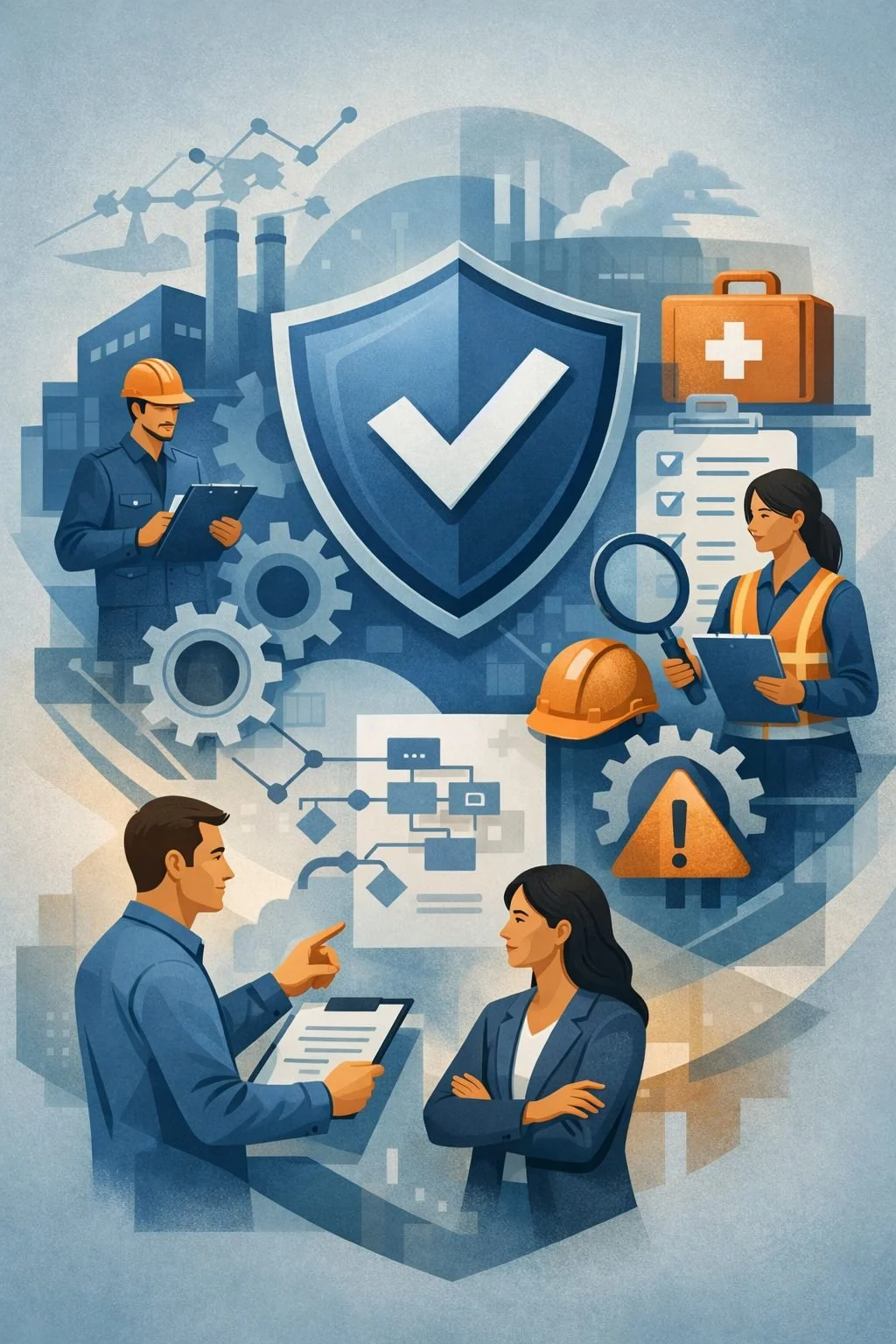 Digital illustration of auditors, safety professionals, and a shield symbolizing ISO 45001 registrars and occupational health and safety certification.