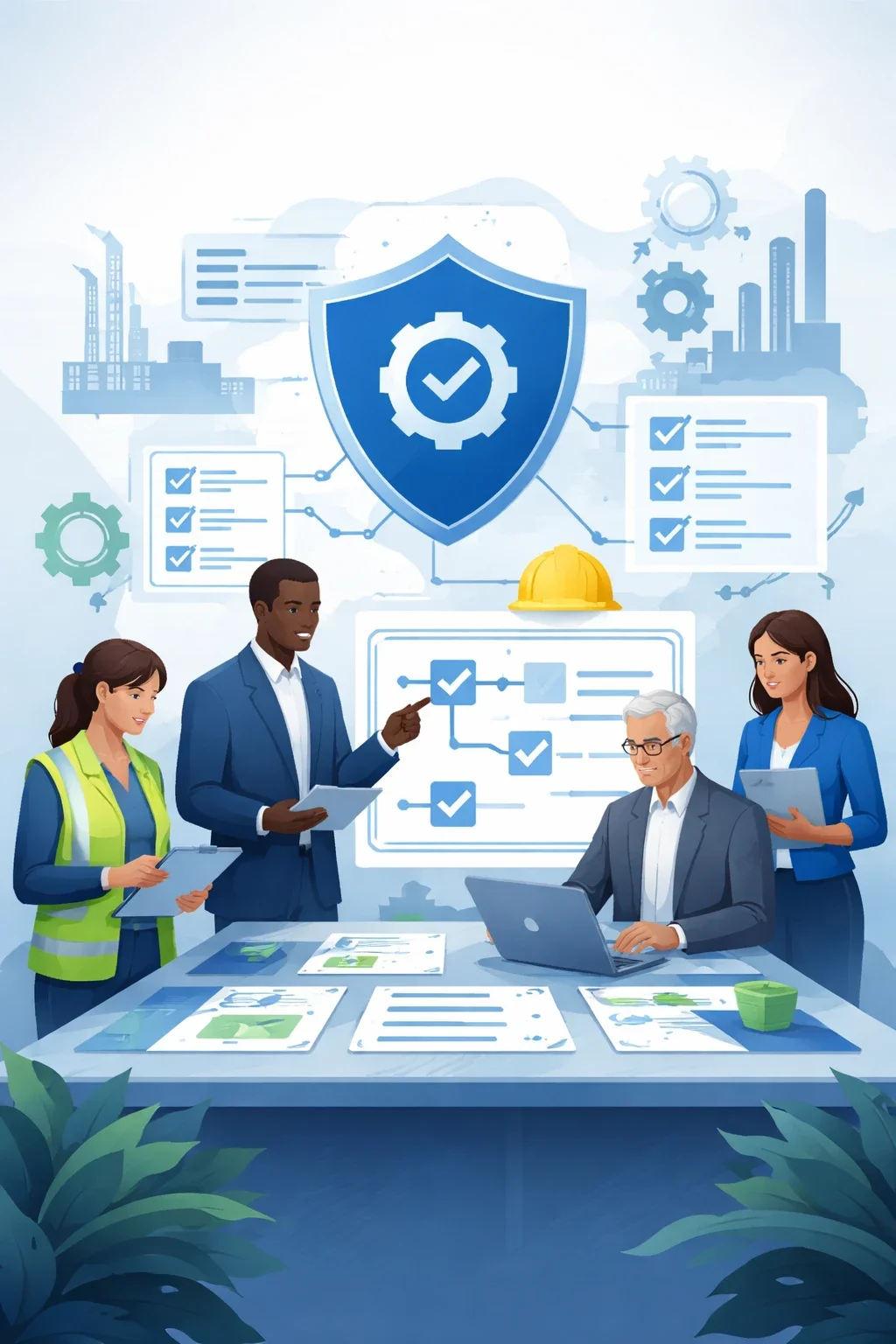 Digital illustration of safety management consulting showing professionals reviewing structured safety systems with shield, checklist, and industrial elements.