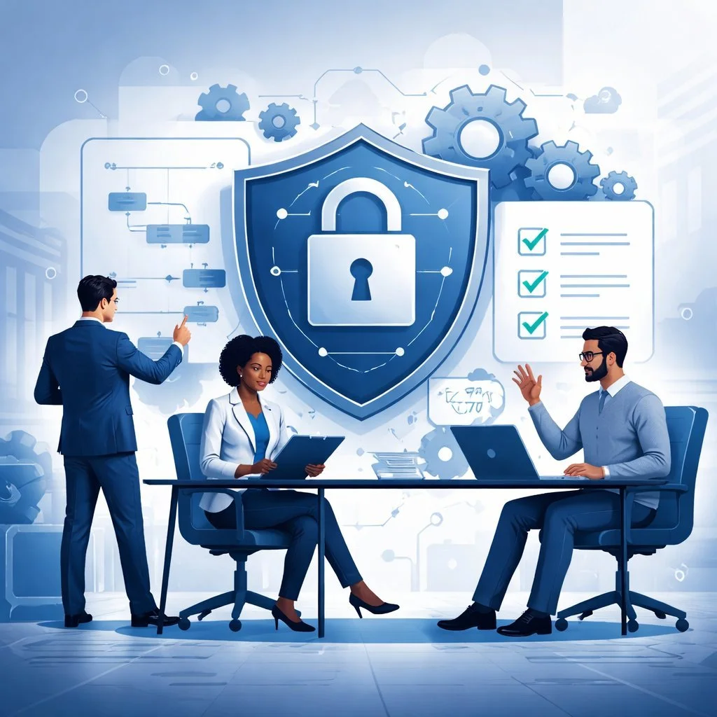 Digital illustration of consultants designing an information security management system with shield, lock, network nodes, and process flows representing ISO 27001 implementation consulting.