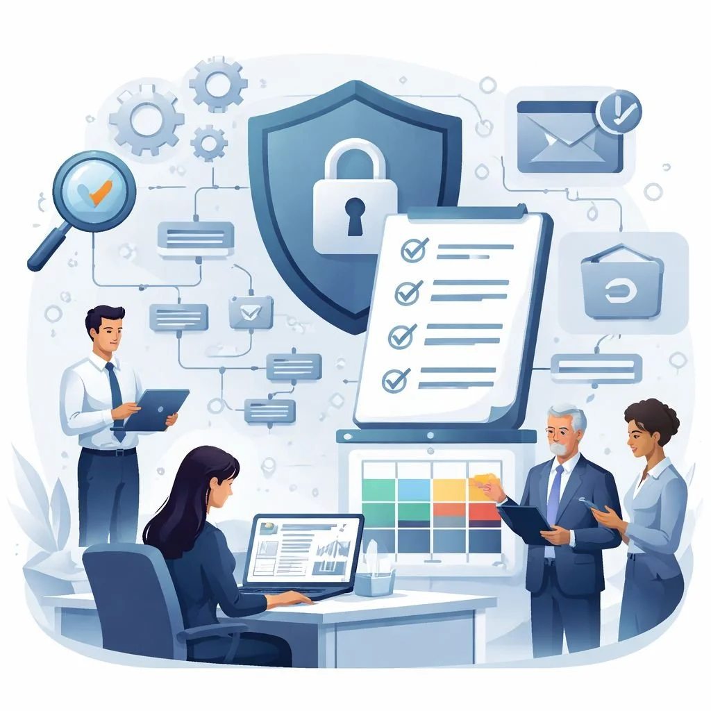 Digital illustration of security shield, checklist clipboard, and analysts reviewing network risk pathways representing an ISO 27001 risk assessment example.