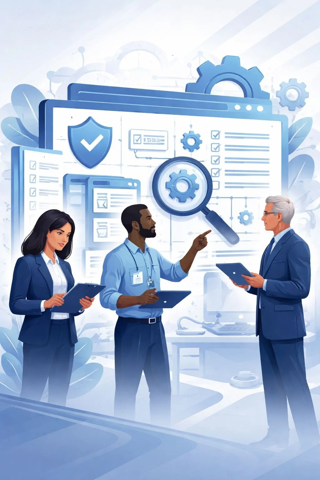 Digital illustration of diverse professionals reviewing checklists, gears, and a shield representing an ISO 13485 readiness assessment for a medical device quality management system.