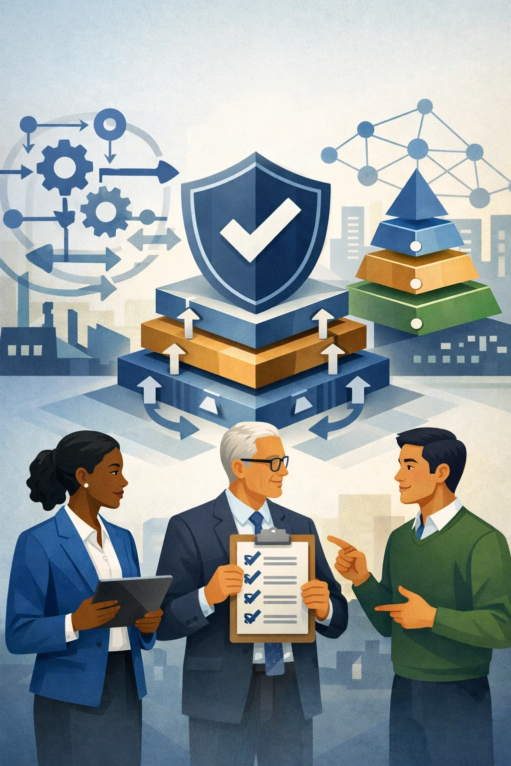 Digital illustration of healthcare compliance professionals evaluating layered security controls and shield protection representing a HIPAA risk assessment process.
