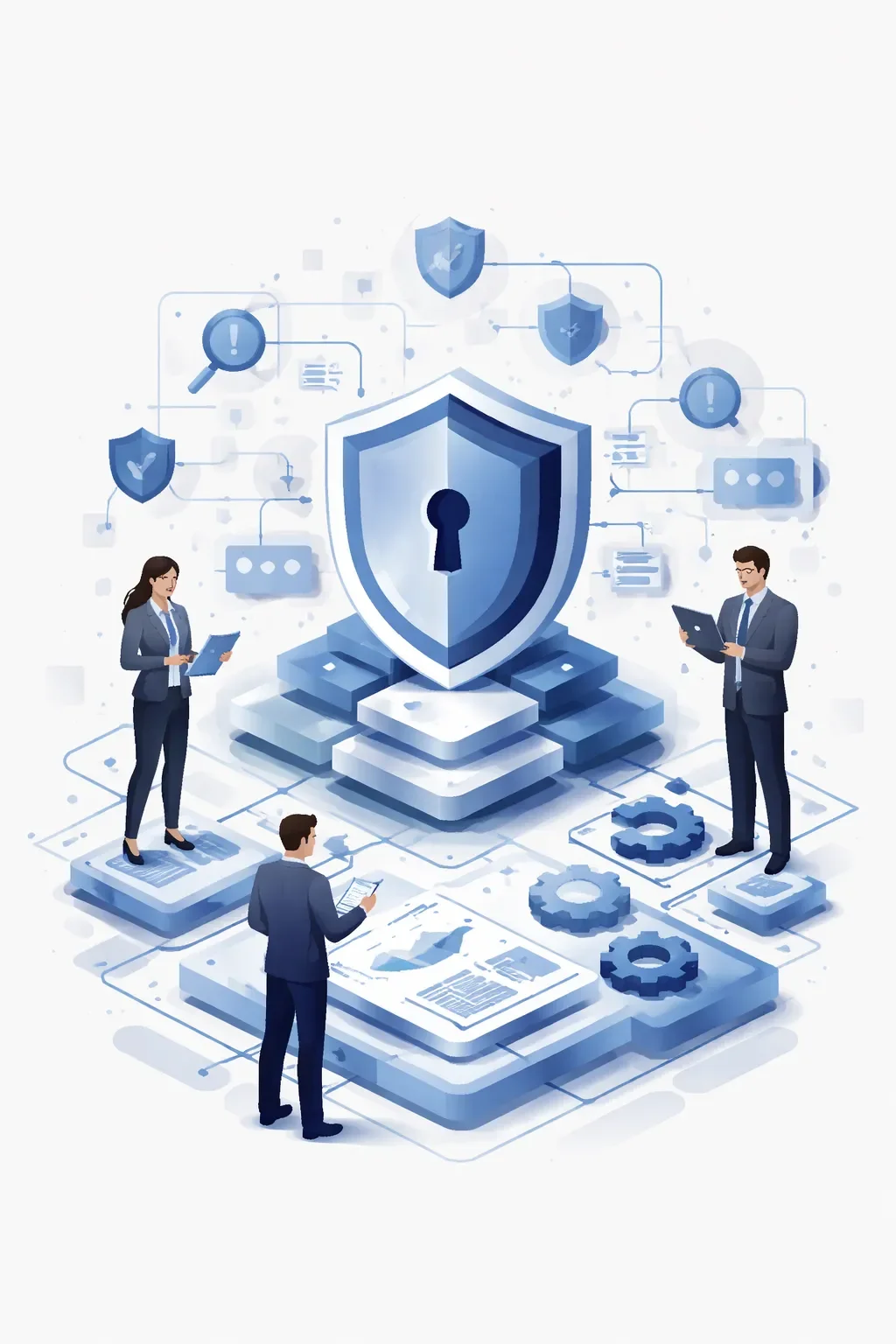 Abstract enterprise risk program illustration with layered systems, central shield, interconnected controls, and professionals reviewing structured processes