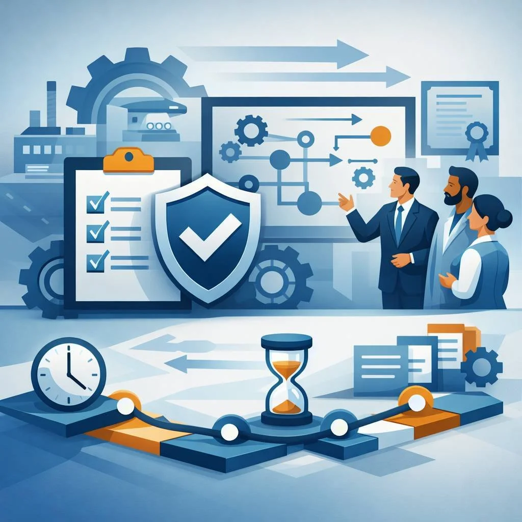 Digital illustration of shield validation symbol, process flow diagram, and professionals reviewing a structured pathway representing the ISO 13485 certification timeline for medical device quality systems.