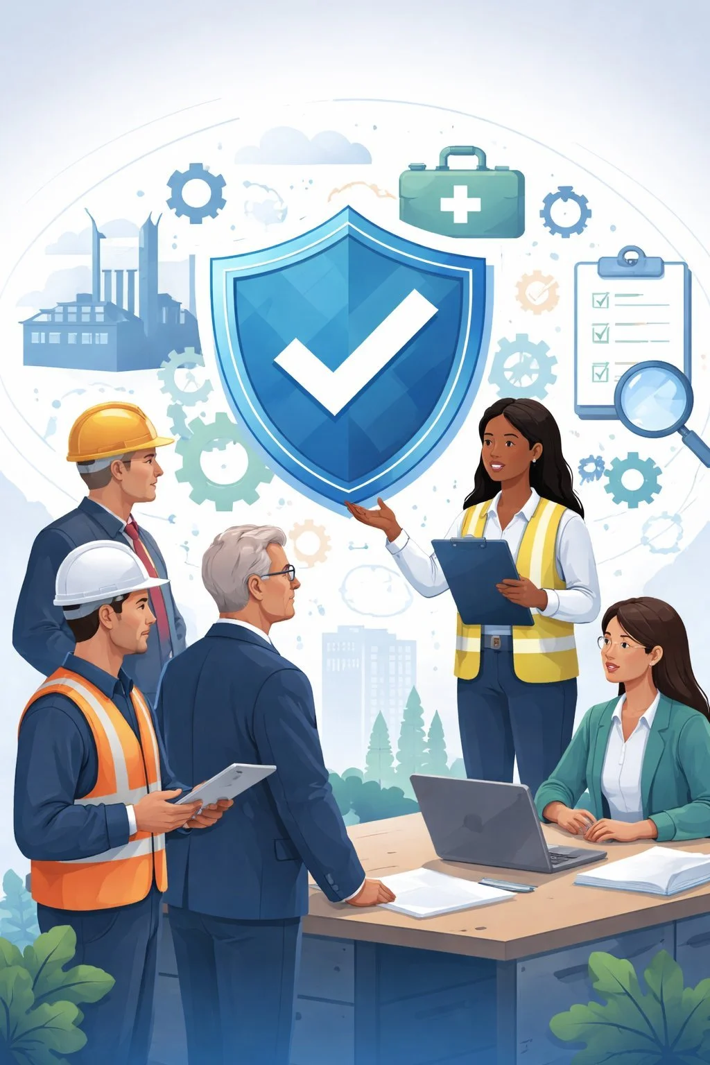 Diverse safety and management team reviewing workplace risk controls with shield and checkmark symbol representing ISO safety certification and structured occupational health system compliance.