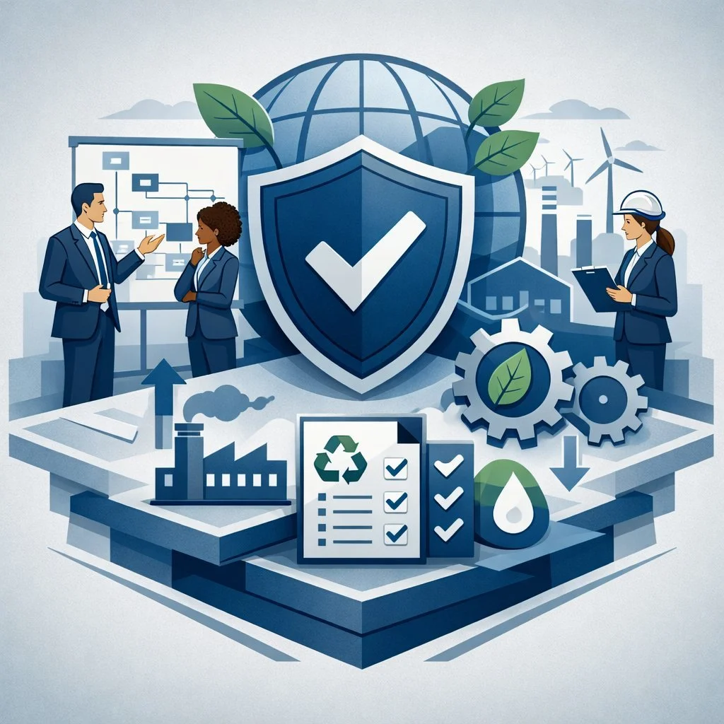 Digital illustration of structured environmental management systems with shield, gears, factory, and sustainability symbols representing environmental ISO standards governance.
