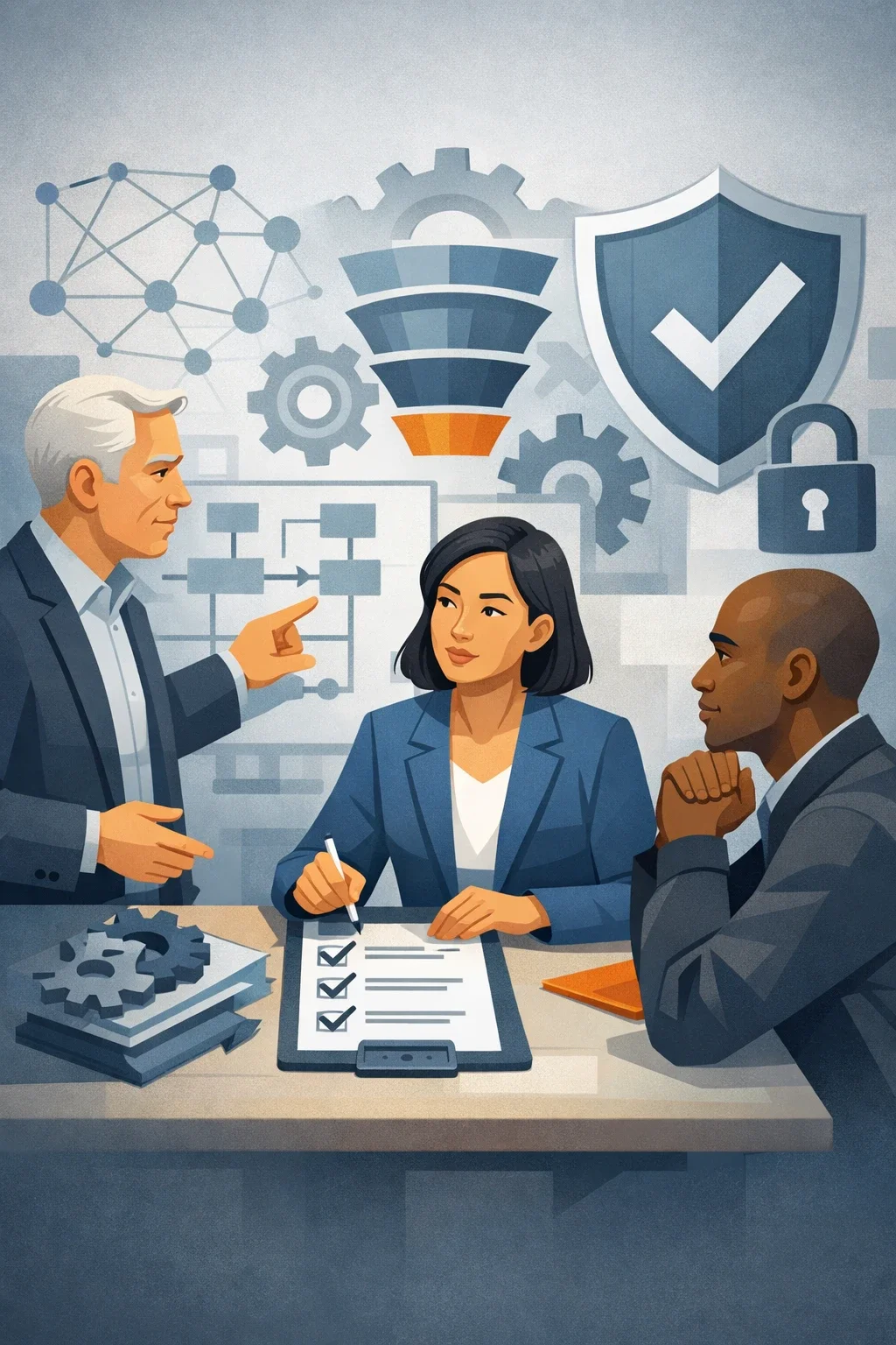 Digital illustration of diverse cybersecurity consultants reviewing structured controls with shield and network symbols representing NIST CSF compliance governance.