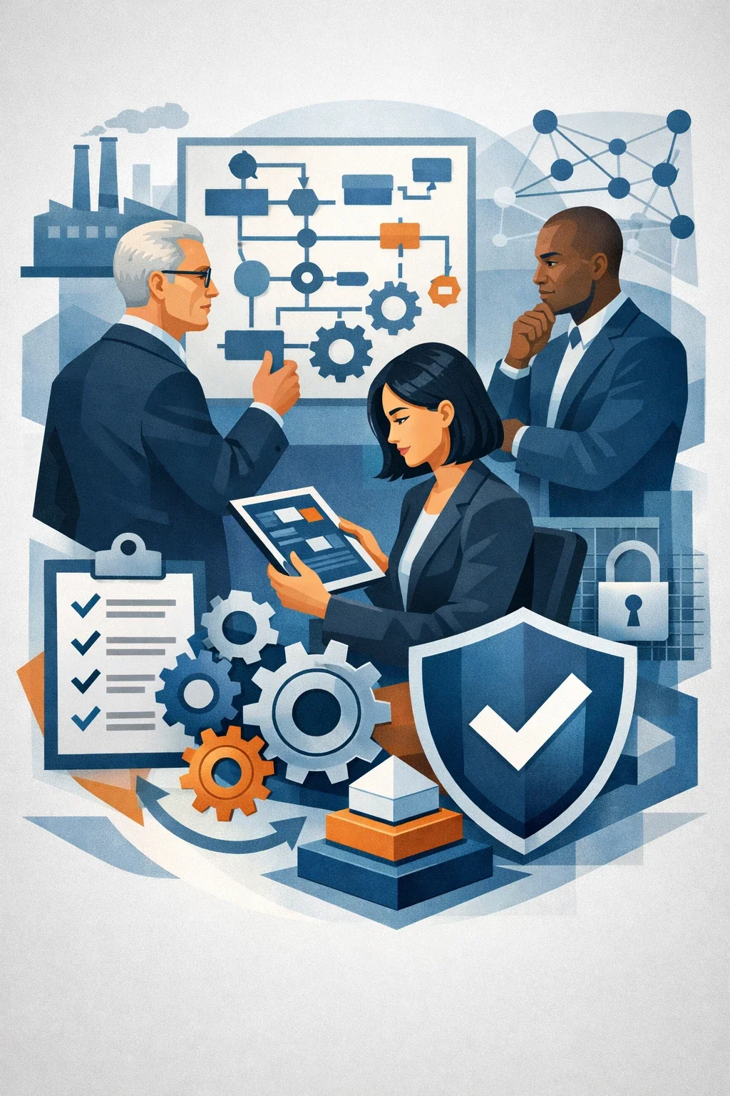 Digital illustration of consultants analyzing a structured workflow diagram with gears, process pathways, and validation shield representing process improvement consulting.