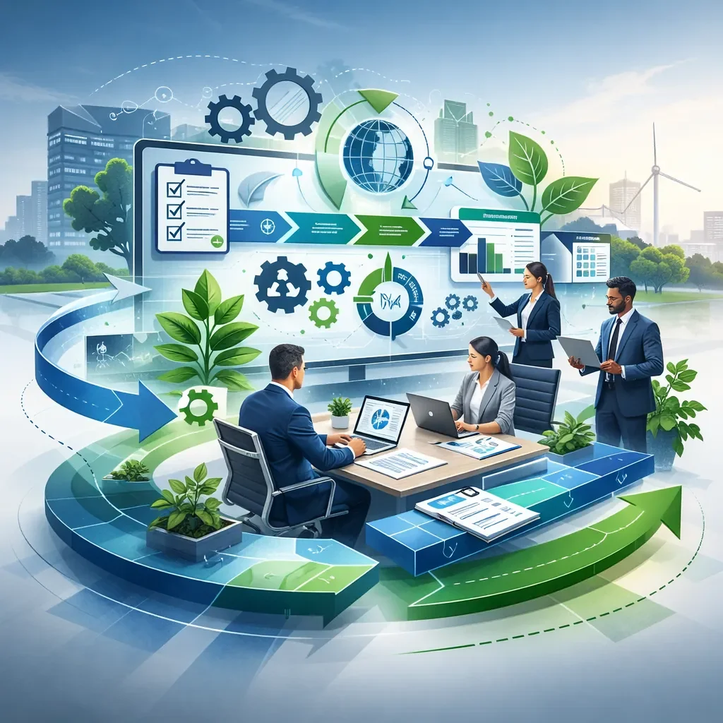 Digital illustration of professionals implementing an environmental management system with process workflows, sustainability controls, and industrial environmental governance.
