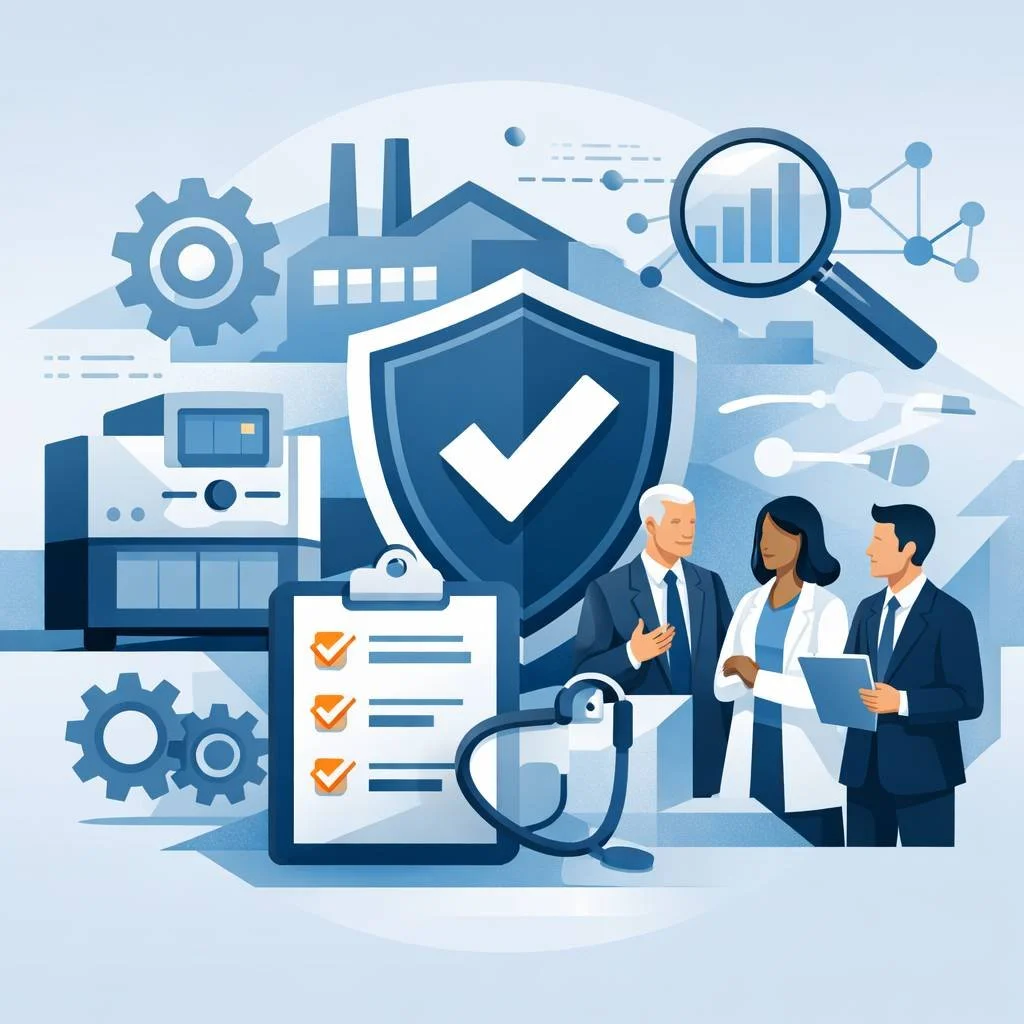 Digital illustration of shield, checklist, medical device equipment, and professionals representing ISO 13485 certification cost and structured medical device quality systems.