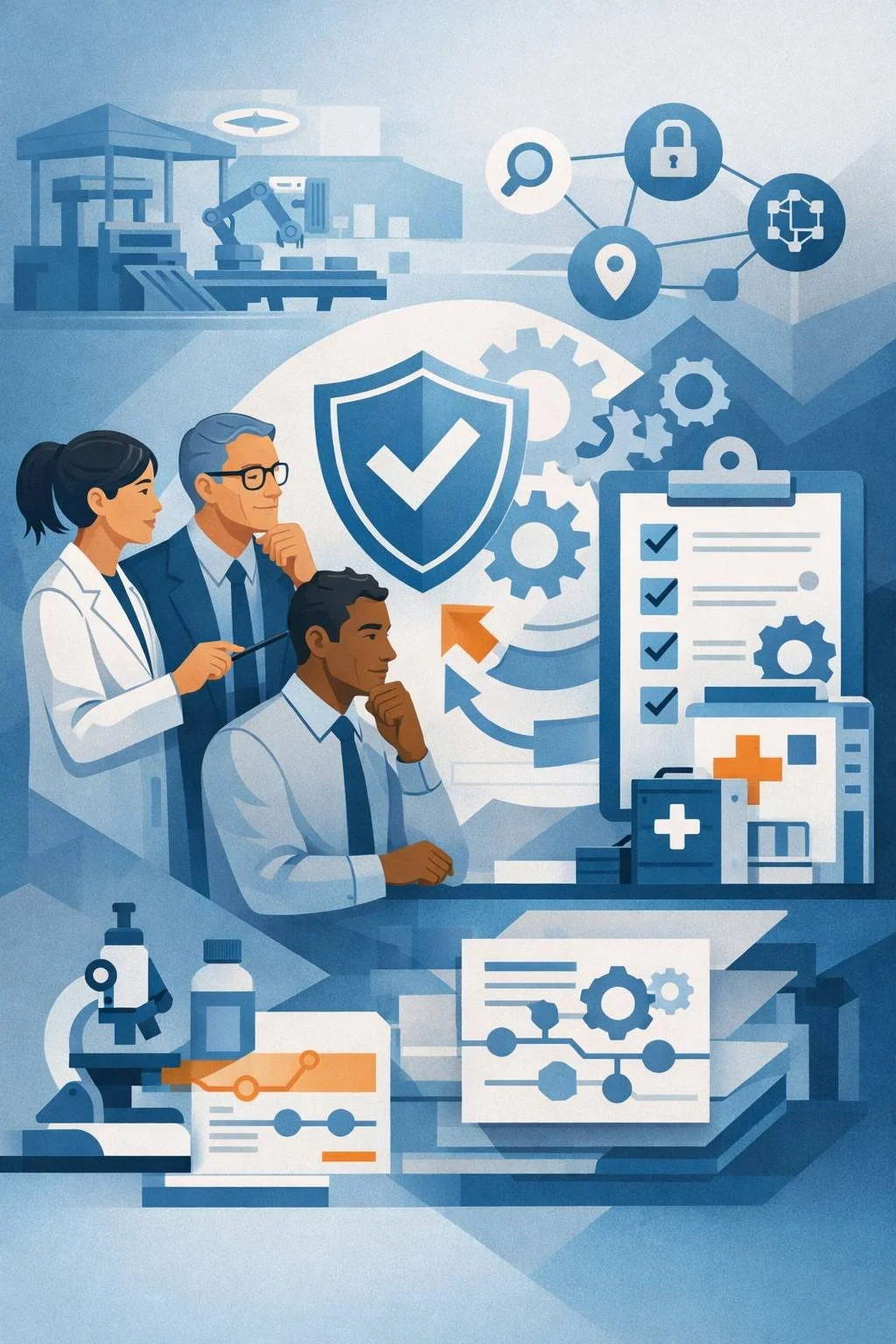 Digital illustration of diverse consultants reviewing a structured quality system diagram with shield validation symbol and medical manufacturing elements representing ISO 13485 implementation services.
