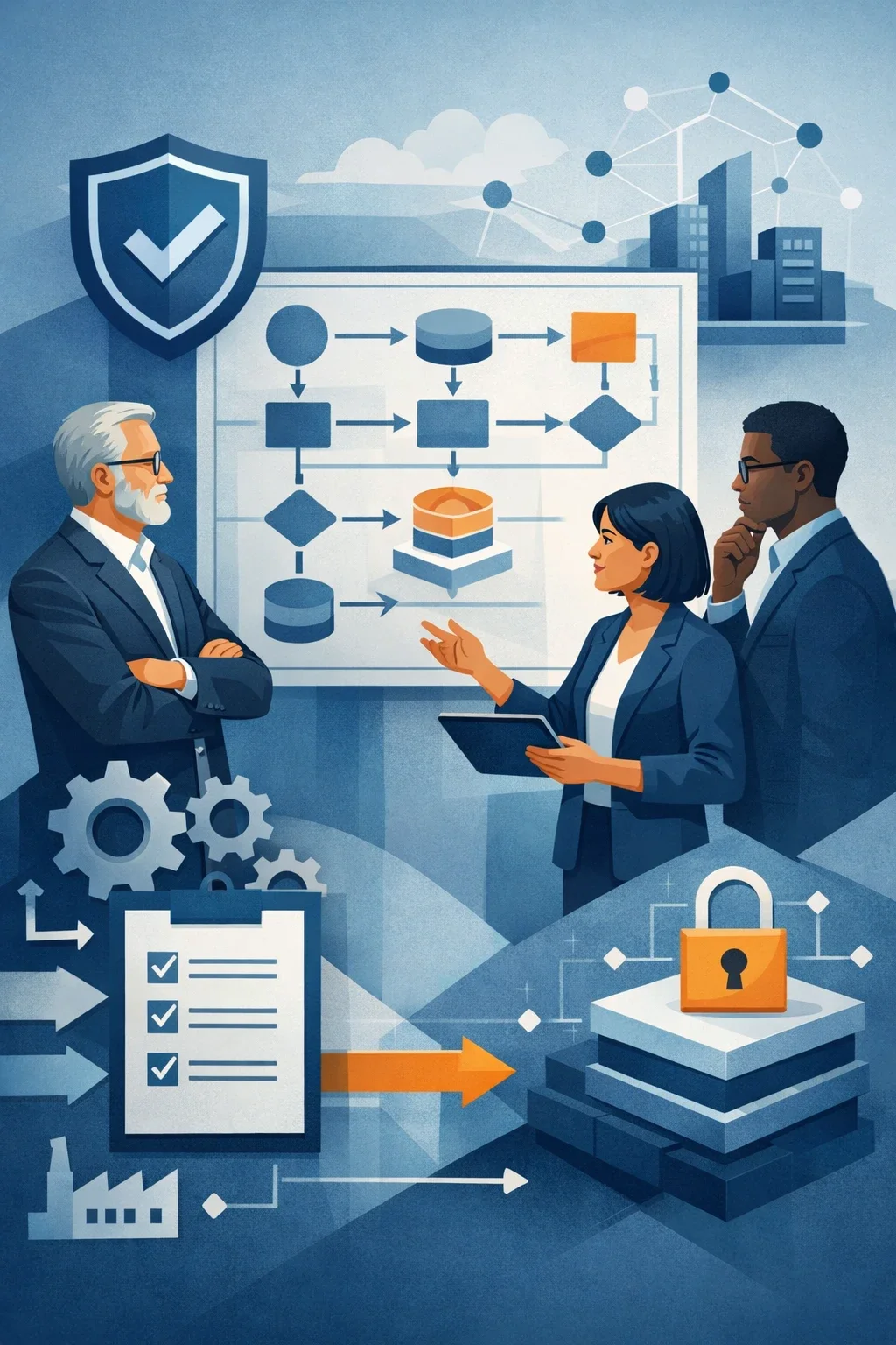 Digital illustration of cybersecurity consulting professionals reviewing a structured security framework with shield protection, network nodes, and layered security controls.