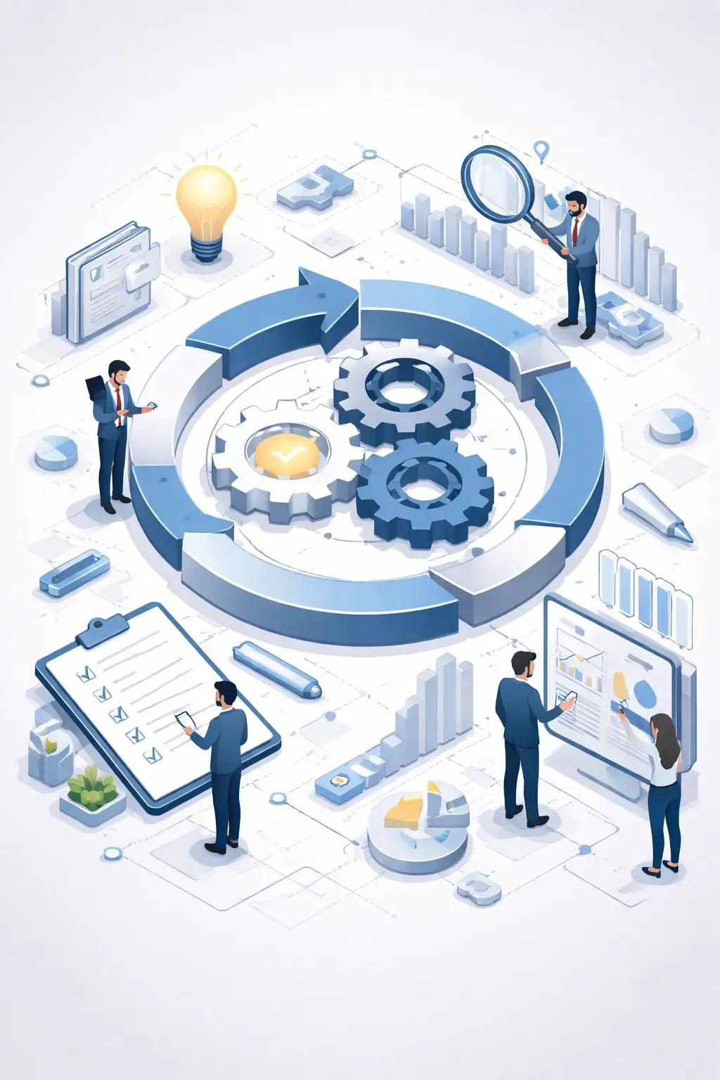 Abstract system of interconnected gears within a circular flow loop, representing continuous improvement through structured processes and iterative control layers