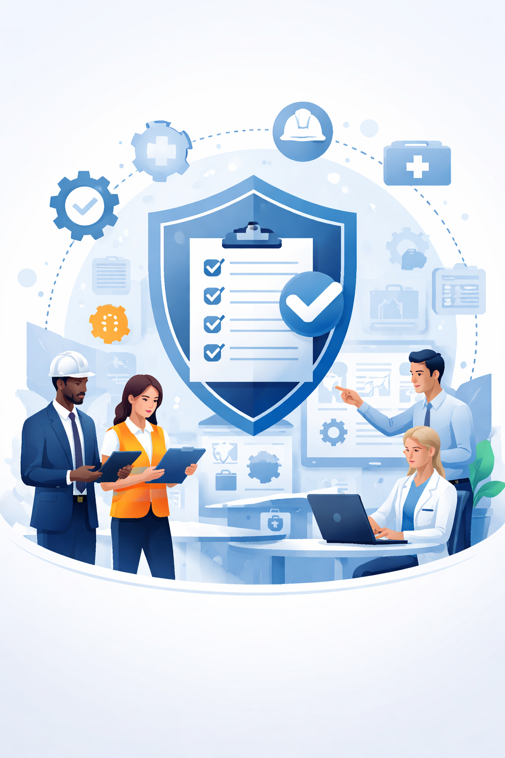 Digital illustration of professionals reviewing safety processes with shield and checklist symbols representing ISO 45001 occupational health and safety management systems.