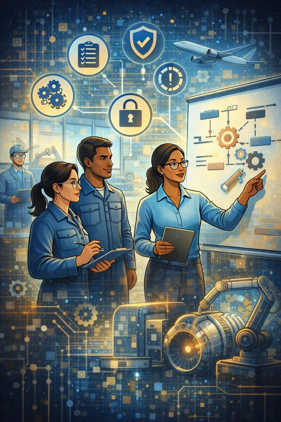 Portrait-style illustration of a diverse aerospace team in a training setting reviewing documents and digital displays, with aircraft and manufacturing symbols in the background, representing AS9100 training and aerospace quality education.