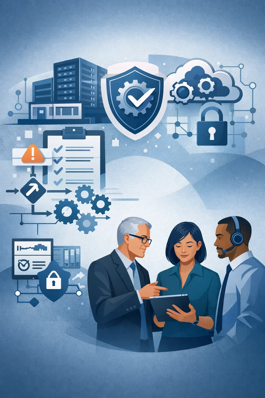 Digital illustration of structured IT service management system with shield, checklist, and consulting team representing ISO 20000 consulting and ITSM governance.