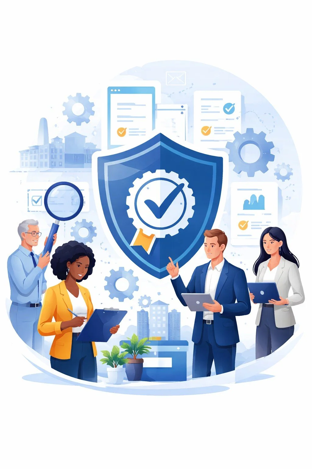 Quality certification ISO concept illustration showing diverse adult professionals reviewing processes around a central shield with checkmark and gear symbol representing ISO 9001 quality management system certification and compliance.