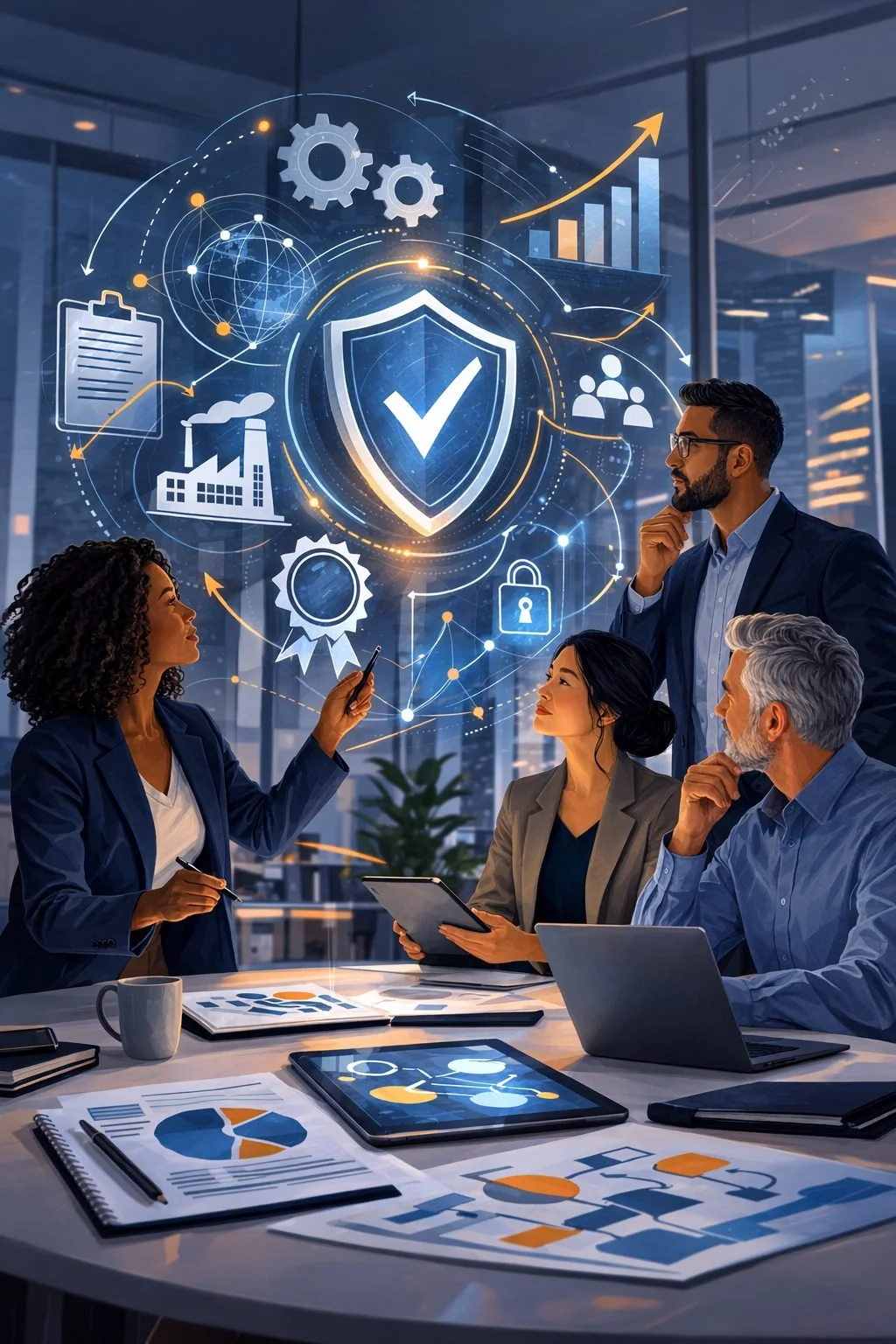 A group of four diverse business professionals in an office discussing cybersecurity. Overlaid digital graphics include security icons like a shield with a check mark, gears, a lock, graphs, and network symbols.