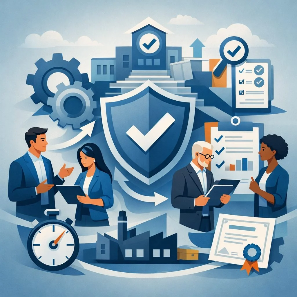 Digital illustration of structured workflow symbols, shield validation icon, and consulting professionals representing the ISO 9001 certification timeline and quality management system implementation.